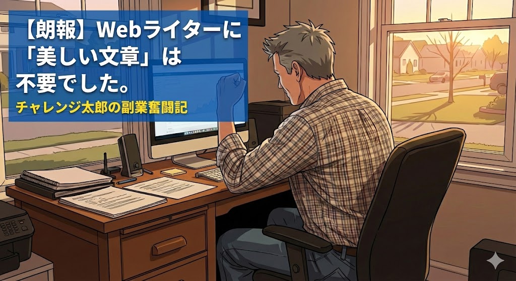 Webライターの初案件で採用され、PCに向かってガッツポーズをする40代男性