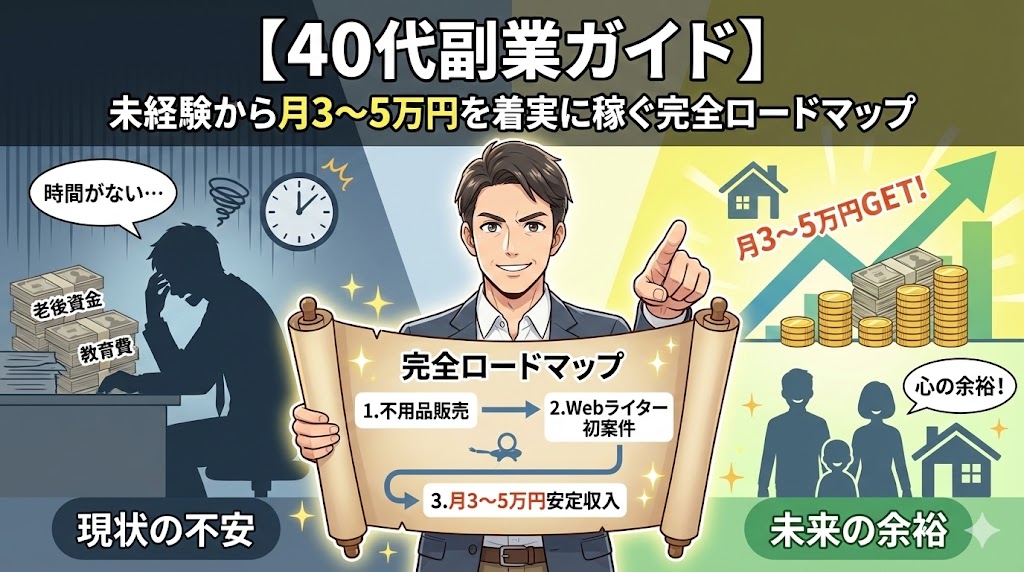 40代の副業ロードマップを解説するチャレンジ太郎のブログアイキャッチ画像