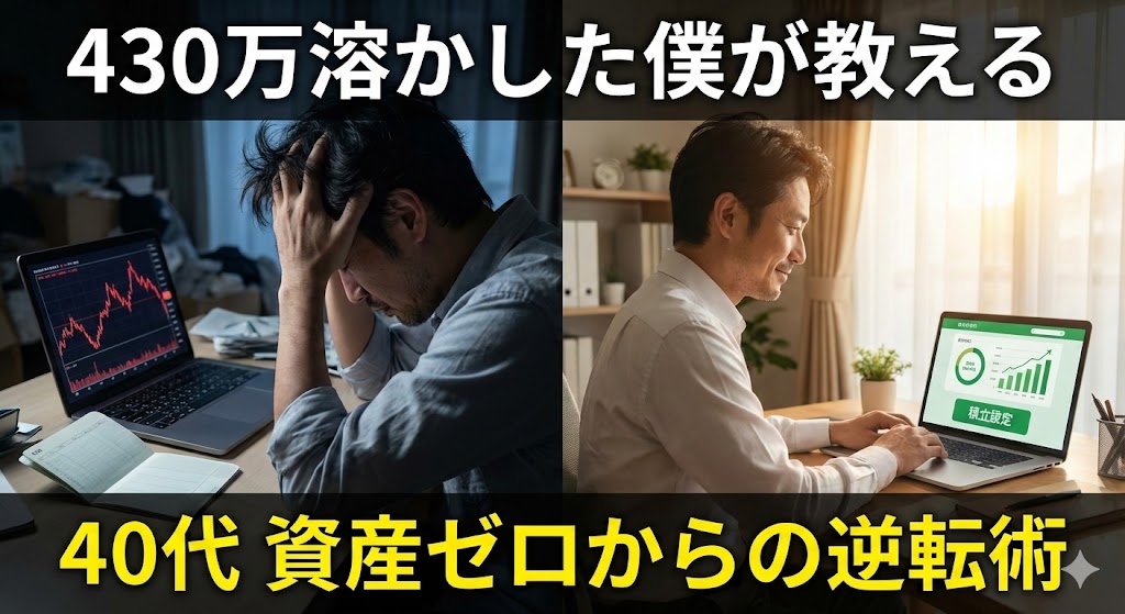 40代資産ゼロからの投資やり直し：失敗して頭を抱える過去の自分と、新NISAで積立を始める笑顔の未来の対比