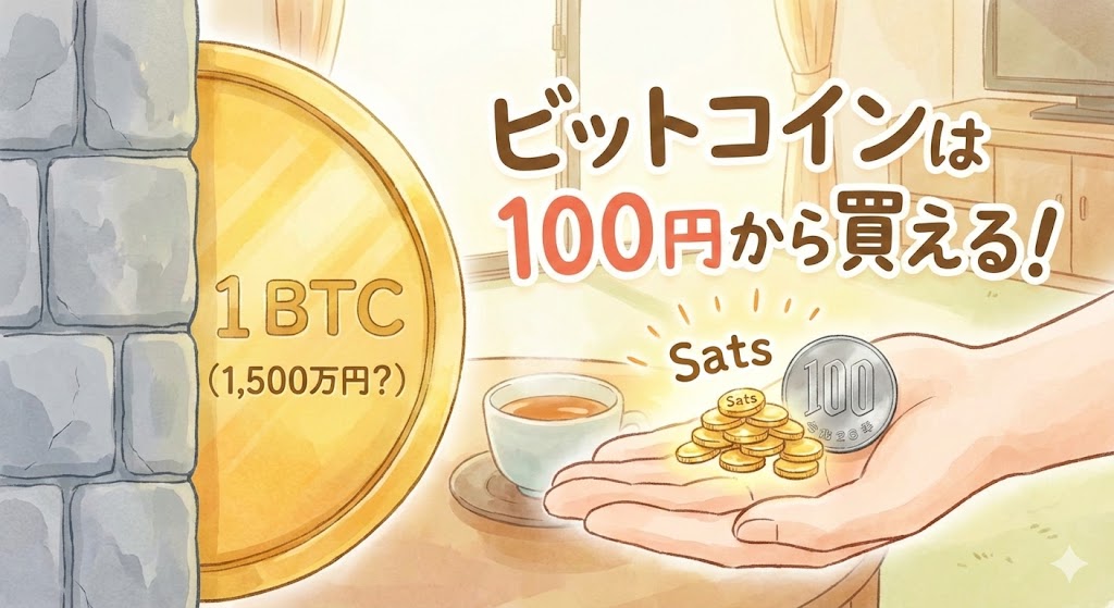 ビットコインは100円から購入可能。巨大な1BTCと手のひらのSatoshi（サトシ）を比較した図解イラスト