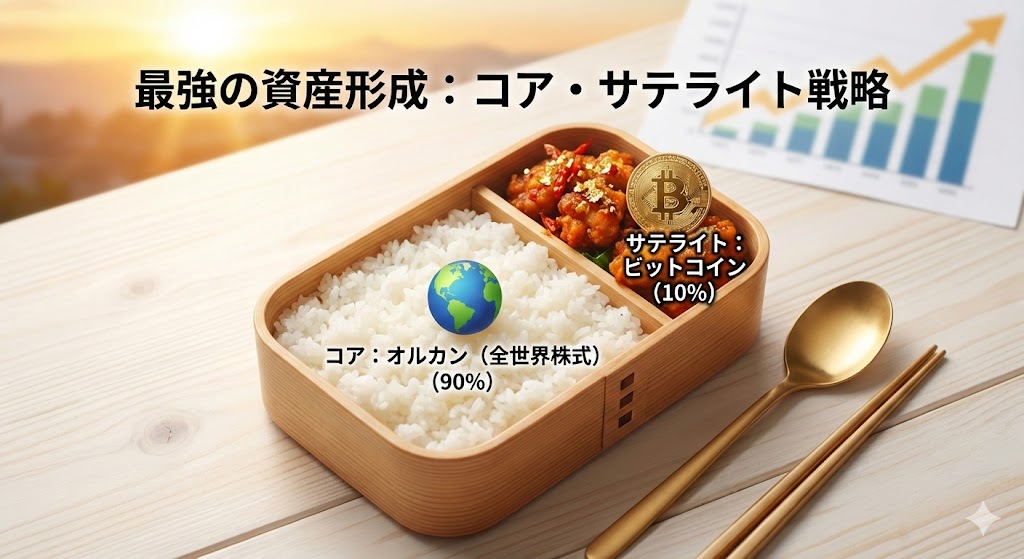 お弁当箱に見立てたコア・サテライト戦略の図解イラスト。ご飯（コア）がオルカンで90%、おかず（サテライト）がビットコインで10%を表している画像