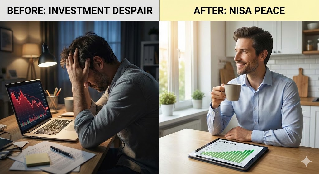 : 投資で失敗して絶望する男性と、NISAで平穏な朝を迎える男性のビフォーアフター