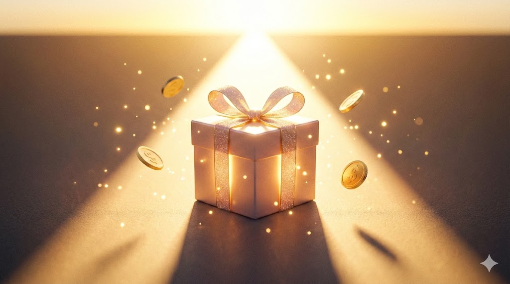 光り輝く道の上に置かれたリボン付きのギフトボックスと舞い散るコイン。未来の自分へのプレゼントとなる積立投資や老後資金の準備を象徴するイメージ画像。