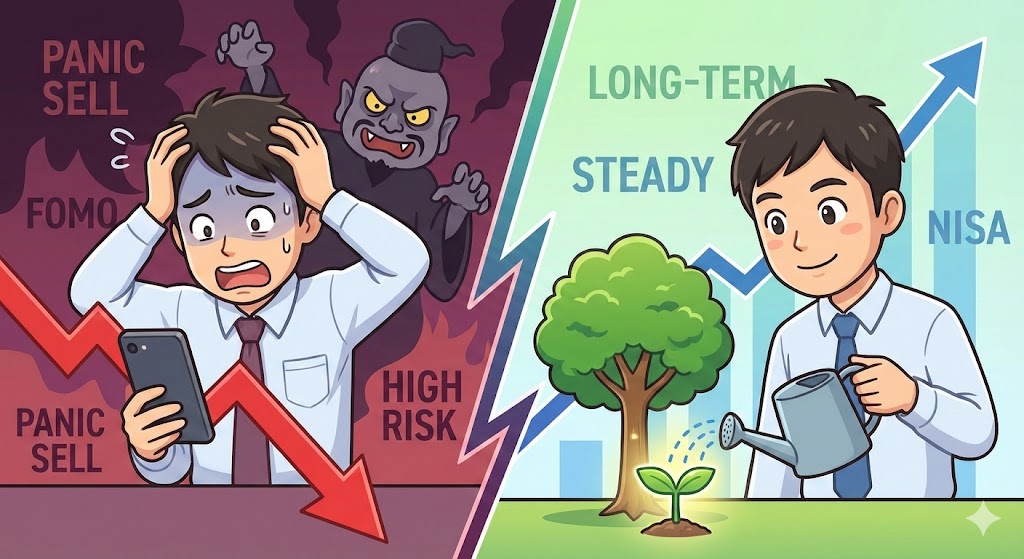 新NISAで暴落時に狼狽売りして焦る初心者と、長期積立で資産を育てる成功者の比較イラスト