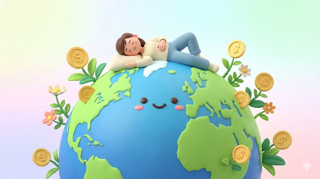 新NISAのオルカン積立でほったらかし投資をする男性のイラスト