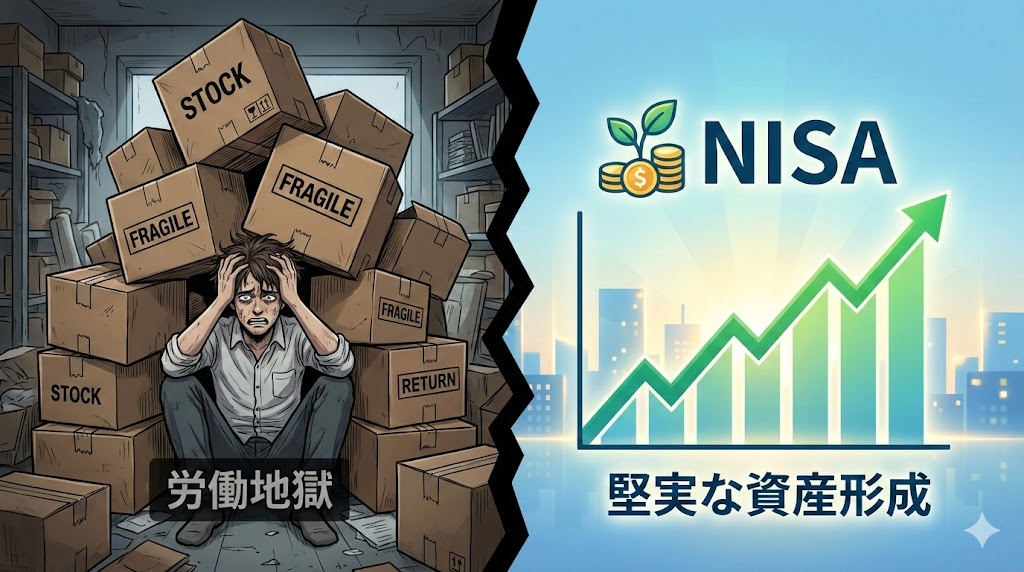 せどりの在庫ダンボールの山で頭を抱える男性と、NISAの右肩上がりのチャートの対比イラスト