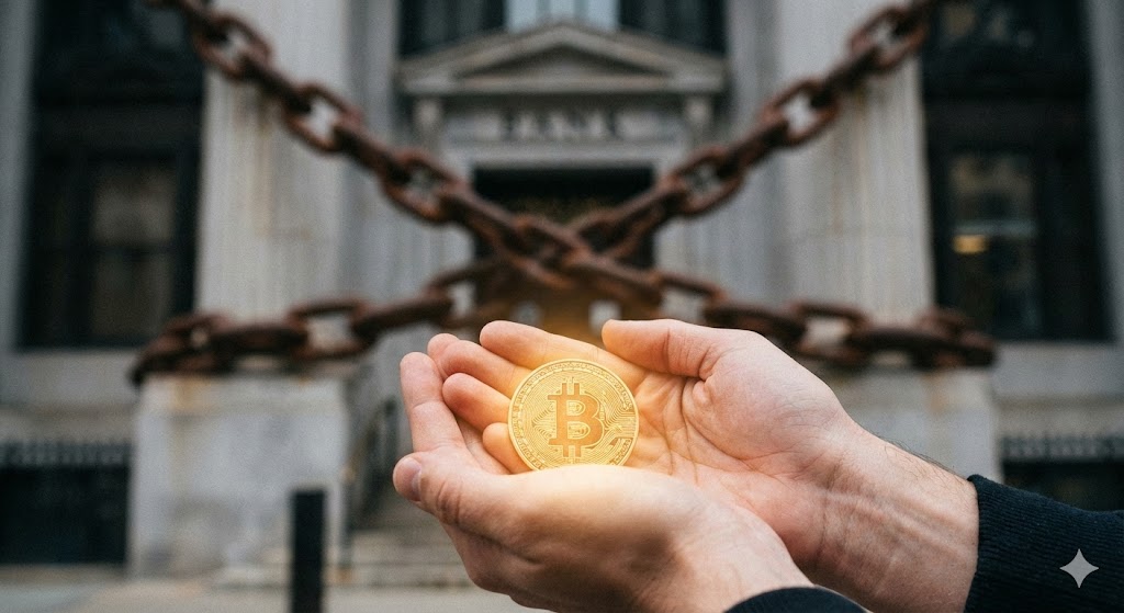 鎖で封鎖された中央集権的な銀行を背景に、管理者がいない自由な資産であるビットコインが、希望の光を放ちながら個人の両手で大切に包み込まれている様子。過去の失敗から学ぶ真の資産形成の象徴。