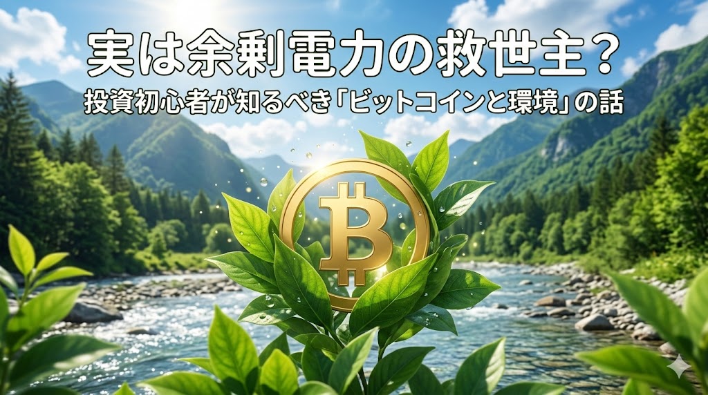 緑豊かな山や川の美しい自然の中で、葉っぱに包まれたビットコインのロゴと、「実は余剰電力の救世主？投資初心者が知るべき『ビットコインと環境』の話」という文字が書かれたアイキャッチ画像。