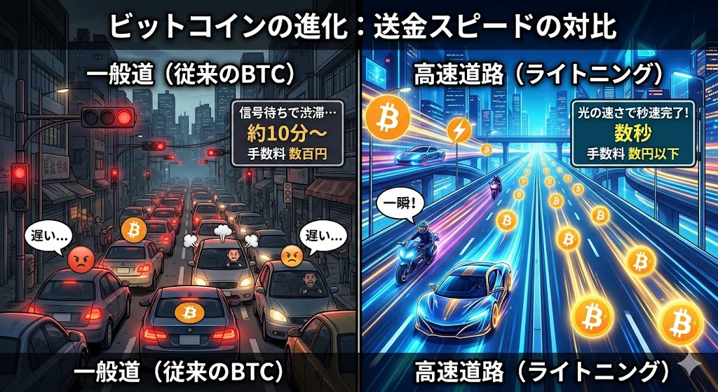 渋滞する一般道（従来のビットコイン）と、数秒で決済できる高速道路（ライトニングネットワーク）の対比イラスト