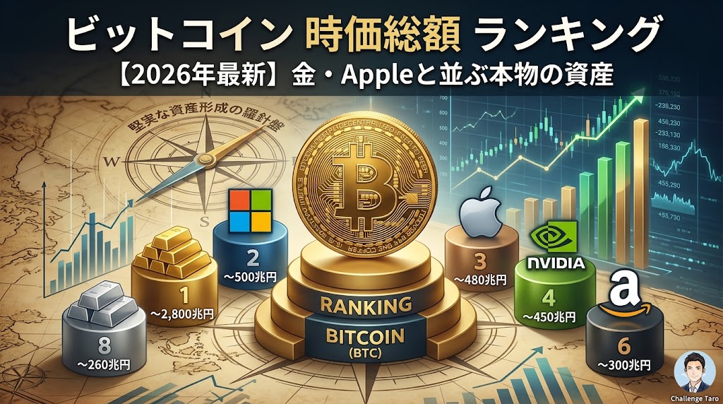 2026年最新のビットコイン時価総額ランキング。金やApple、NVIDIAなど世界の大企業・資産とビットコインの規模を比較した図解