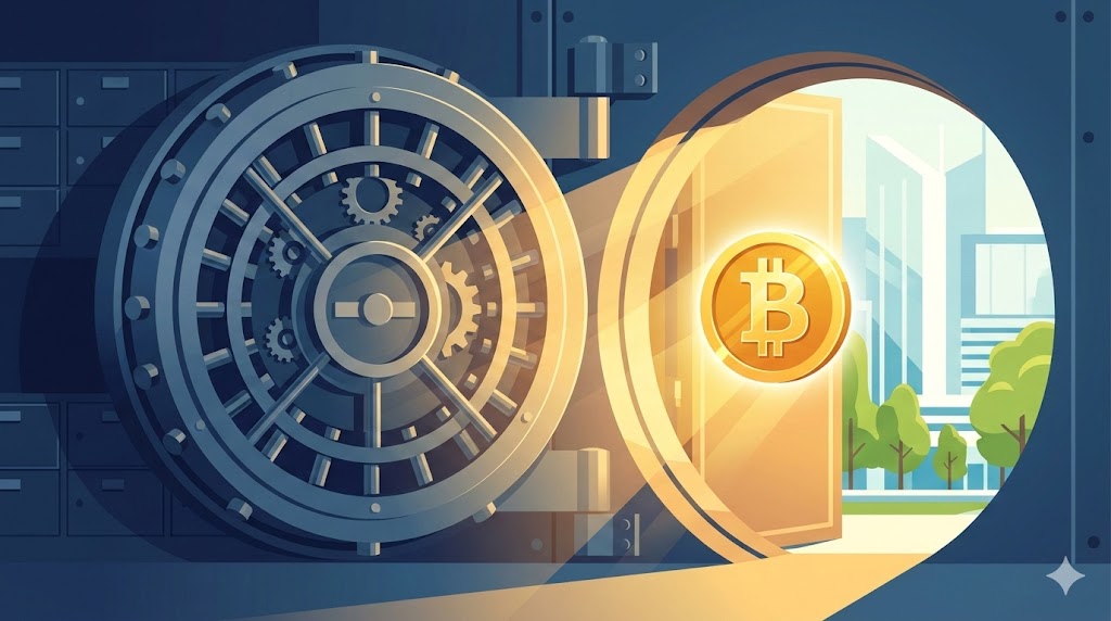 門番がおらず開け放たれた銀行の金庫と、光り輝くビットコインのイラスト