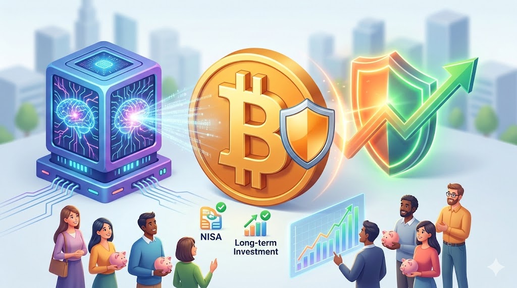 量子コンピューターの脅威から盾で守られるビットコインと、NISAで堅実に資産形成をする人々のイメージ画像
