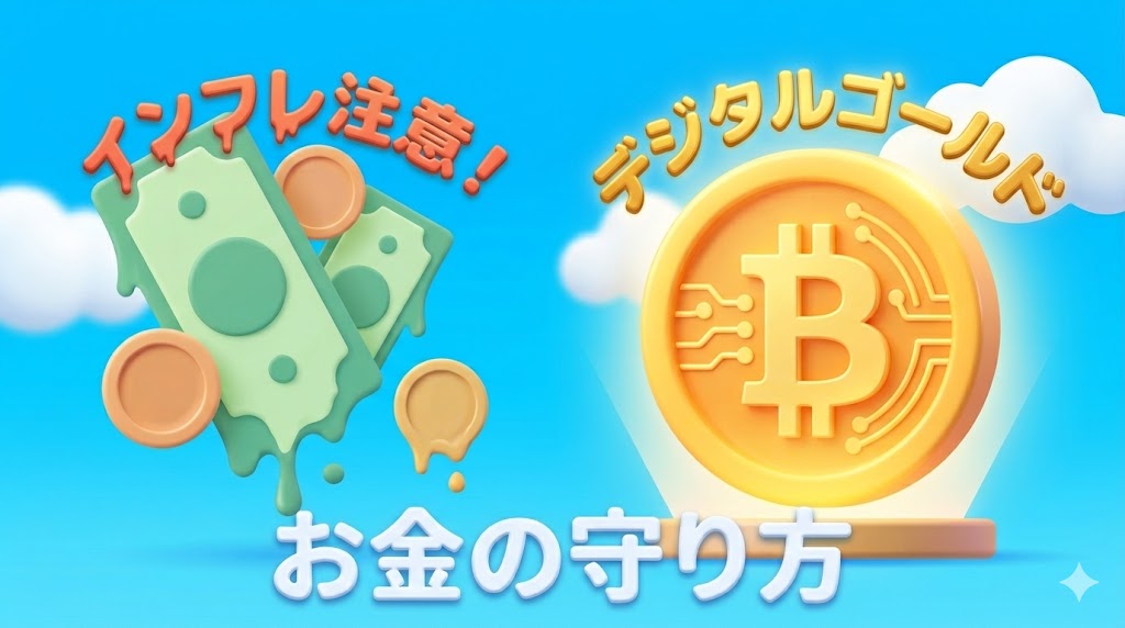 インフレで溶けて目減りする法定通貨（紙幣と硬貨）と、デジタルゴールドとして輝くビットコインのイラスト。「インフレ注意！デジタルゴールド お金の守り方」