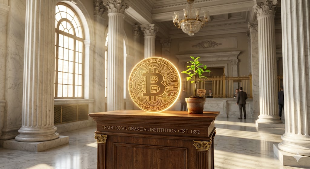 モルガン・スタンレーのような伝統的な金融機関に守られながら、長期的な資産として育つビットコインと苗木のイメージ画像