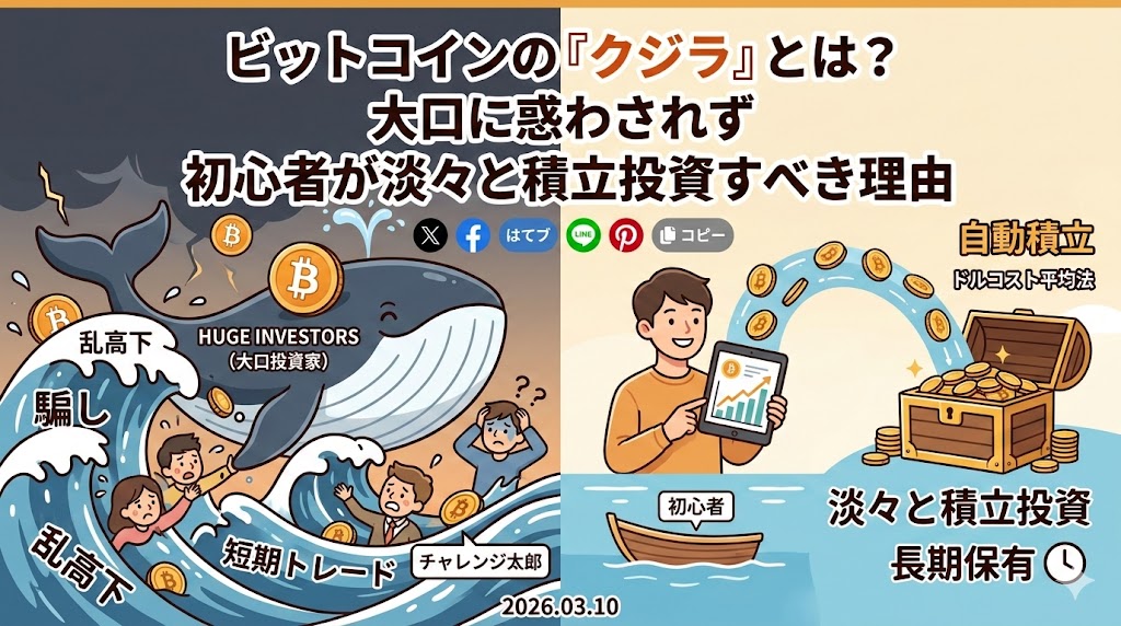 ブログ記事「ビットコインの『クジラ』とは？ 大口に惑わされず 初心者が淡々と積立投資すべき理由」のアイキャッチ画像。左右に対比するイラストが描かれている。 左側は荒れ狂う海で、巨大なクジラ（ラベル：HUGE INVESTORS (大口投資家)）が潮を吹き、体にBitcoinコインを付けている。その周囲の荒波で人々が溺れており、その近くに「乱高下」「騙し」「短期トレード」というラベルが添えられている。小さなボートには「チャレンジ太郎」という人物がいる。 右側は穏やかな海で、笑顔の男性（ラベル：初心者）がボートに乗り、タブレット端末を見ながら「自動積立」と書かれたグラフとBitcoinコインが宝箱に吸い込まれる様子を見ている。宝箱は山盛りのコインで満たされており、「自動積立」「ドルコスト平均法」「淡々と積立投資」「長期保有」というラベルが添えられている。