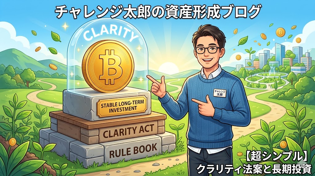 安定した土台の上に乗る大きなビットコインと、長期投資を推奨する投資ブロガー・チャレンジ太郎のアイキャッチ画像