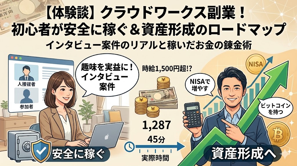 クラウドワークスのインタビュー案件で安全に稼ぎ、NISAやビットコインで資産形成するロードマップを解説するアイキャッチ画像