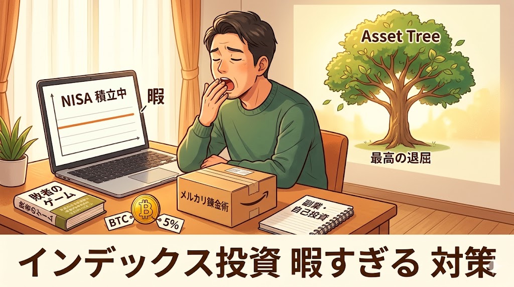 インデックス投資の退屈さに悩む男性（チャレンジ太郎）が、あいた時間で投資本、ビットコイン、不用品売却、副業の準備をしている様子。背景には成長する資産の木と「インデックス投資 暇すぎる 対策」の文字。