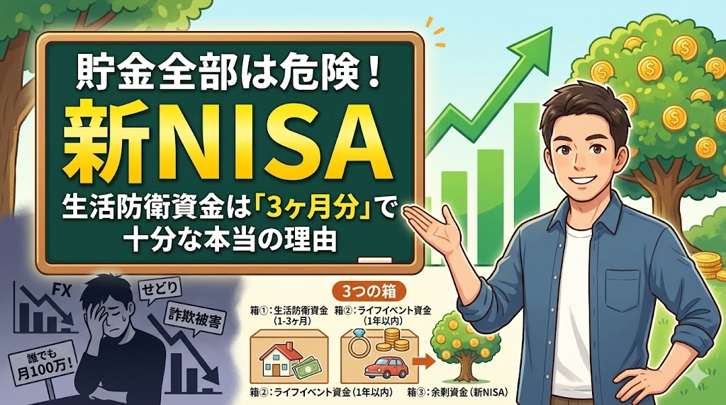 新NISAを始めるための生活防衛資金は3ヶ月分で十分な理由と、お金を3つの箱に分ける方法を解説したアイキャッチ画像