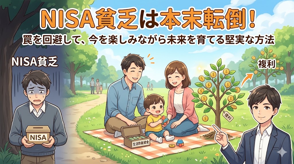 NISA貧乏の罠を回避し、生活防衛資金を確保しながら、家族との時間を楽しみつつ新NISAで複利の木を育てるイメージ画像