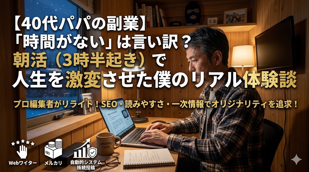 深夜3時半に起きてパソコンで副業の作業をする40代パパの姿を描いたアイキャッチ画像。「時間がない」を解決する朝活のリアル体験談
