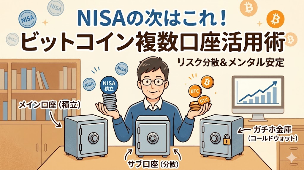 新NISAの次に始めるビットコイン投資において、メイン口座・サブ口座・コールドウォレットに分散管理する「複数口座活用術」を解説したアイキャッチ画像。