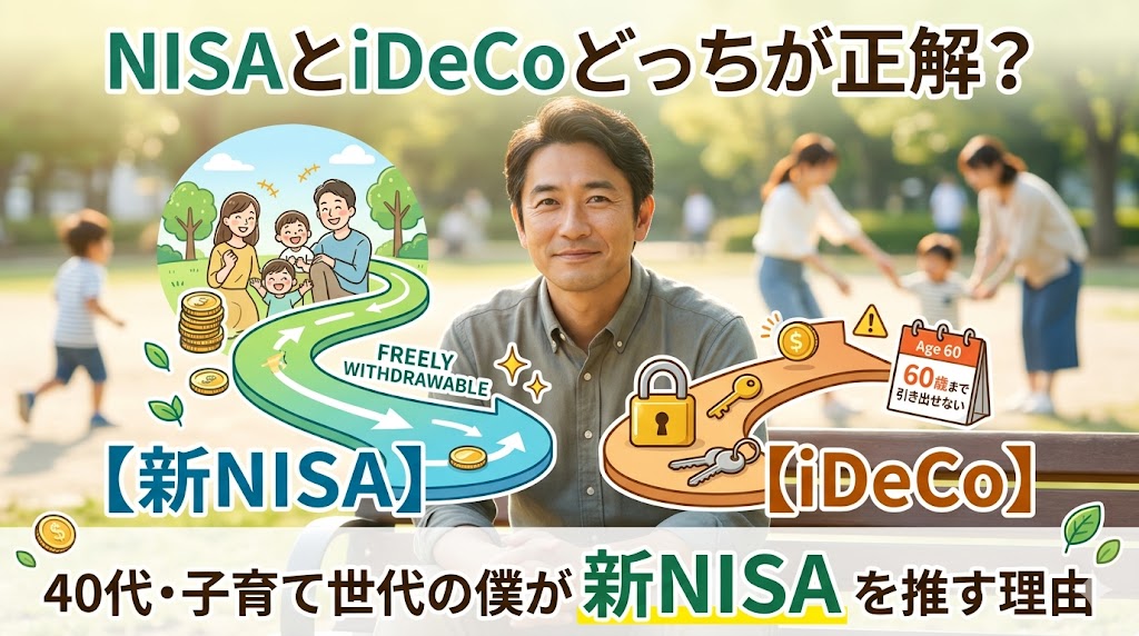 NISAとiDeCoの違いを比較するアイキャッチ画像。公園で微笑む40代のお父さんを中心に、いつでも引き出せる新NISAと、60歳まで資金がロックされるiDeCoの特徴をイラストで分かりやすく表現しています。