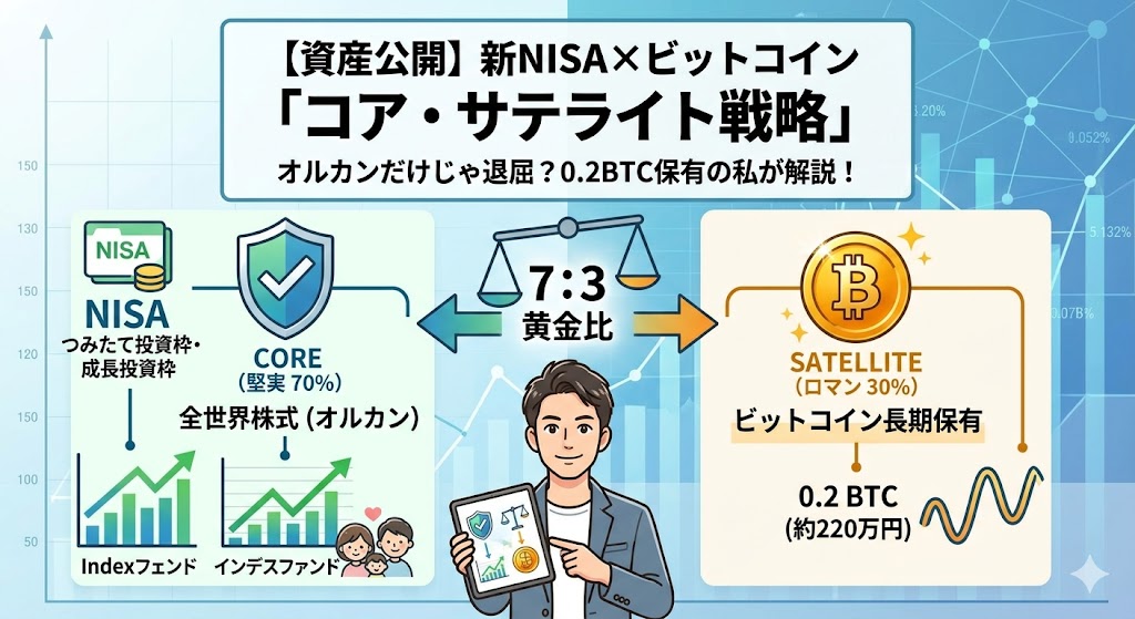 新NISAとビットコインのコア・サテライト戦略を解説する図解。堅実なオルカン7割とロマンのビットコイン3割の黄金比を示したチャレンジ太郎のブログ用アイキャッチ画像。